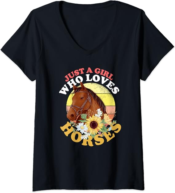 Womens Horse Girls Equestrian Horse Riding Women Retro Horse VNeck T